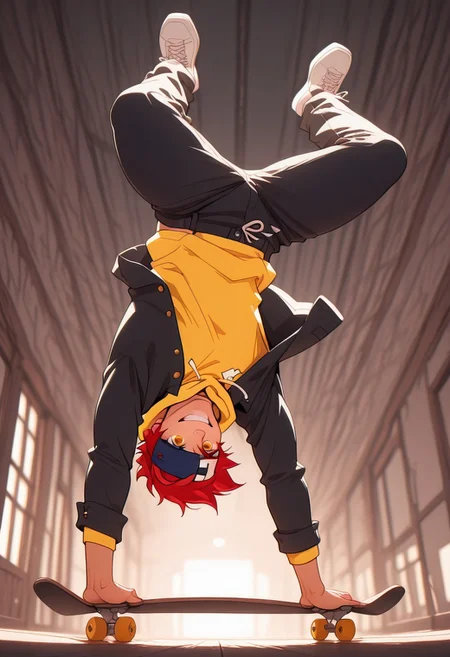 embedding:lazypos, ExpresHGothicNeonIncase, Masterpiece, Best Quality, male focus, score_9, score_8_up, score_7_up, solo,  dynamic angle,( volumetric lighting:1.1), 
BREAK, 
1boy, Reki Kyan, amber eyes, red hair, headband, full body, fit body, athletic, pecs, broad shoulders, black jacket over a yellow hoodie, black pants, 1 handed handstand, holding skateboard, skateboard,
BREAK,
at day, outside, view from below, low angle, smiling, beaming smile