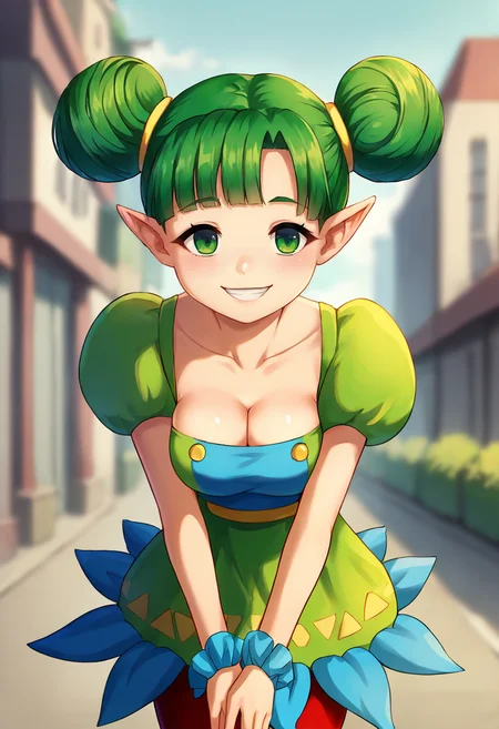 score_9, score_8_up, score_7_up, masterpiece, source_anime, 1girl, ct_farore, green hair, green eyes, double bun, short hair, puffy short sleeves, dress, blue scrunchie, red pantyhose, frilled skirt, red outdoors, city, depth of field, looking at viewer, cowboy shot, medium breasts, shiny skin, smile, leaning forward, cleavage, <lora:Farore_Pony_ct:1>