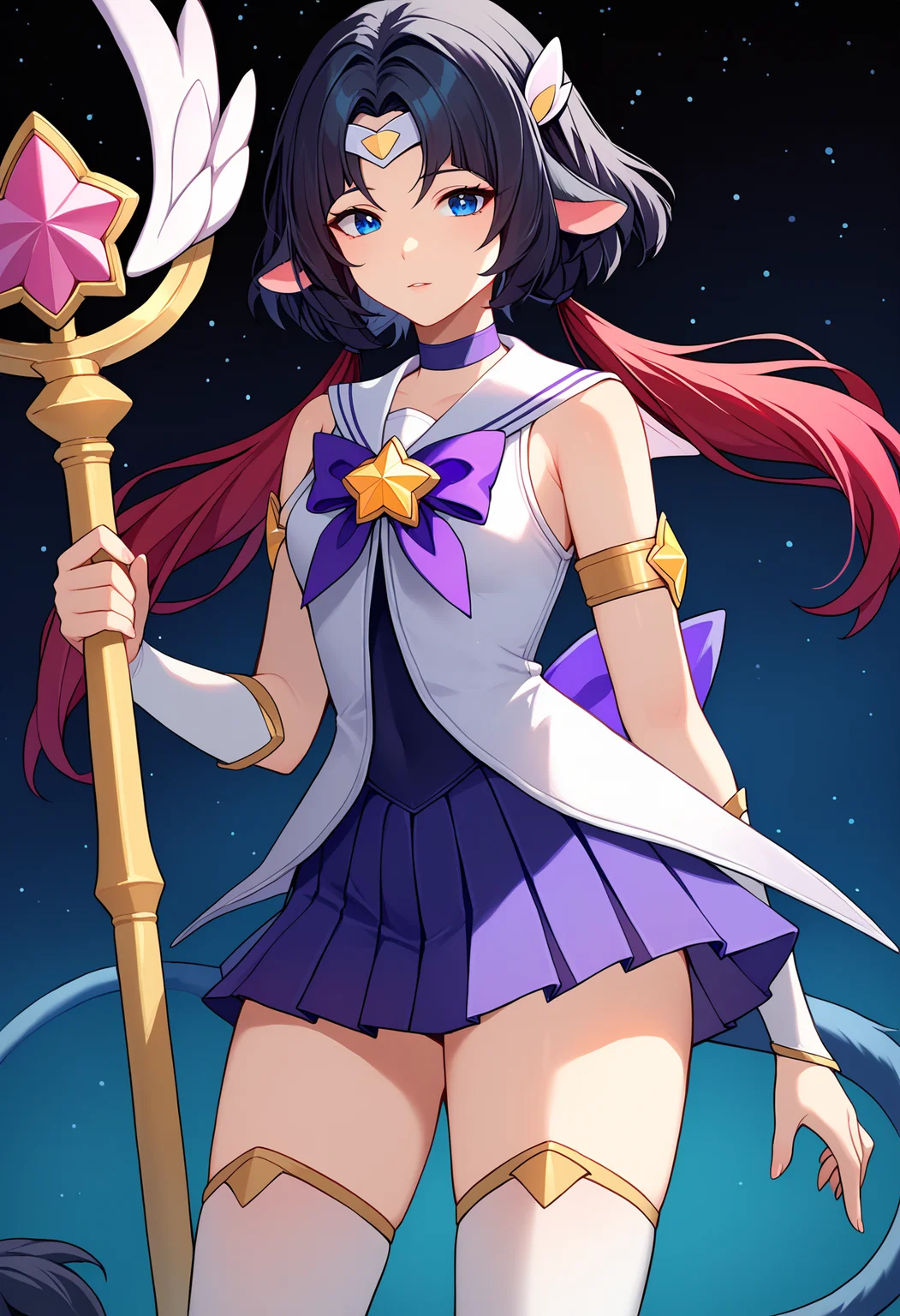 score_9, score_8_up, score_7_up, source_anime,
BREAK
<lora:shistarguardianV1:1.0>,
shistarlux, starguardianstyle, magical girl, hair ornament, alternate costume, star guardian \(league of legends\),
purple bow, pleated skirt, purple choker, starry background, jewelry, tiara, staff, armlet, thighhighs, sailor collar, alternate hairstyle, twintails,
alternate hair color, elbow gloves,
1girl, solo,
<lora:shiJaneDoeTestV1:1>, shijanegame, long hair, black hair, animal ears, mouse ears, blue eyes, multicolored hair, red hair,
tail,
