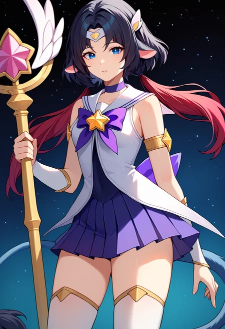 score_9, score_8_up, score_7_up, source_anime,
BREAK
<lora:shistarguardianV1:1.0>,
shistarlux, starguardianstyle, magical girl, hair ornament, alternate costume, star guardian \(league of legends\),
purple bow, pleated skirt, purple choker, starry background, jewelry, tiara, staff, armlet, thighhighs, sailor collar, alternate hairstyle, twintails,
alternate hair color, elbow gloves,
1girl, solo,
<lora:shiJaneDoeTestV1:1>, shijanegame, long hair, black hair, animal ears, mouse ears, blue eyes, multicolored hair, red hair,
tail,
