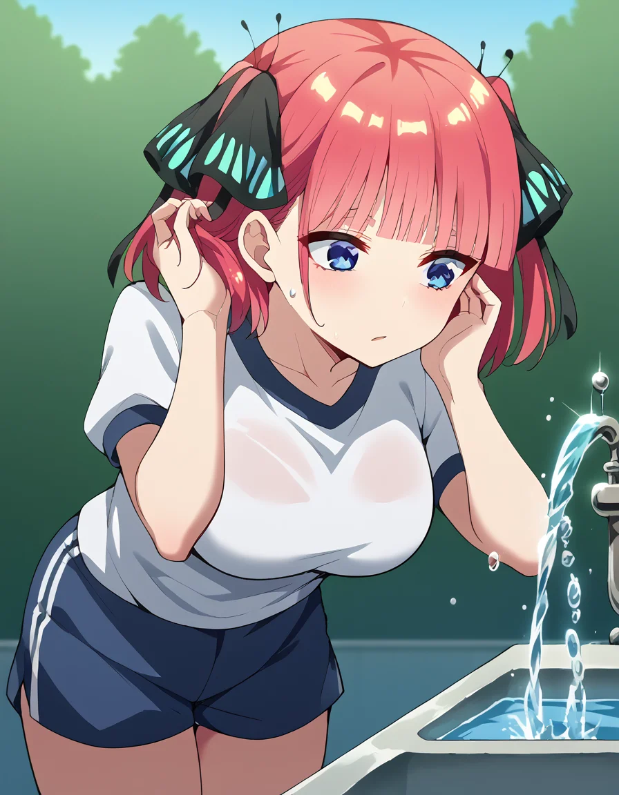 score_9, score_8_up, score_7_up, source_anime, <lora:nnakano-s2-ponyxl-lora-nochekaiser:1>, short hair, bangs, blue eyes, hair ornament, hair ribbon, pink hair, blunt bangs, two side up, butterfly hair ornament, large breasts,, <lora:drinking-fountain-ponyxl-lora-nochekaiser:1>, drinking fountain, faucet, drinking, fountain, water, water drop,, gym uniform, gym shirt, gym shorts, bent, leaning forward, <lora:tucking-hair-ponyxl-lora-nochekaiser:1>, tucking hair, adjusting hair, hand on own hair, hair behind ear,, cowboy shot,
