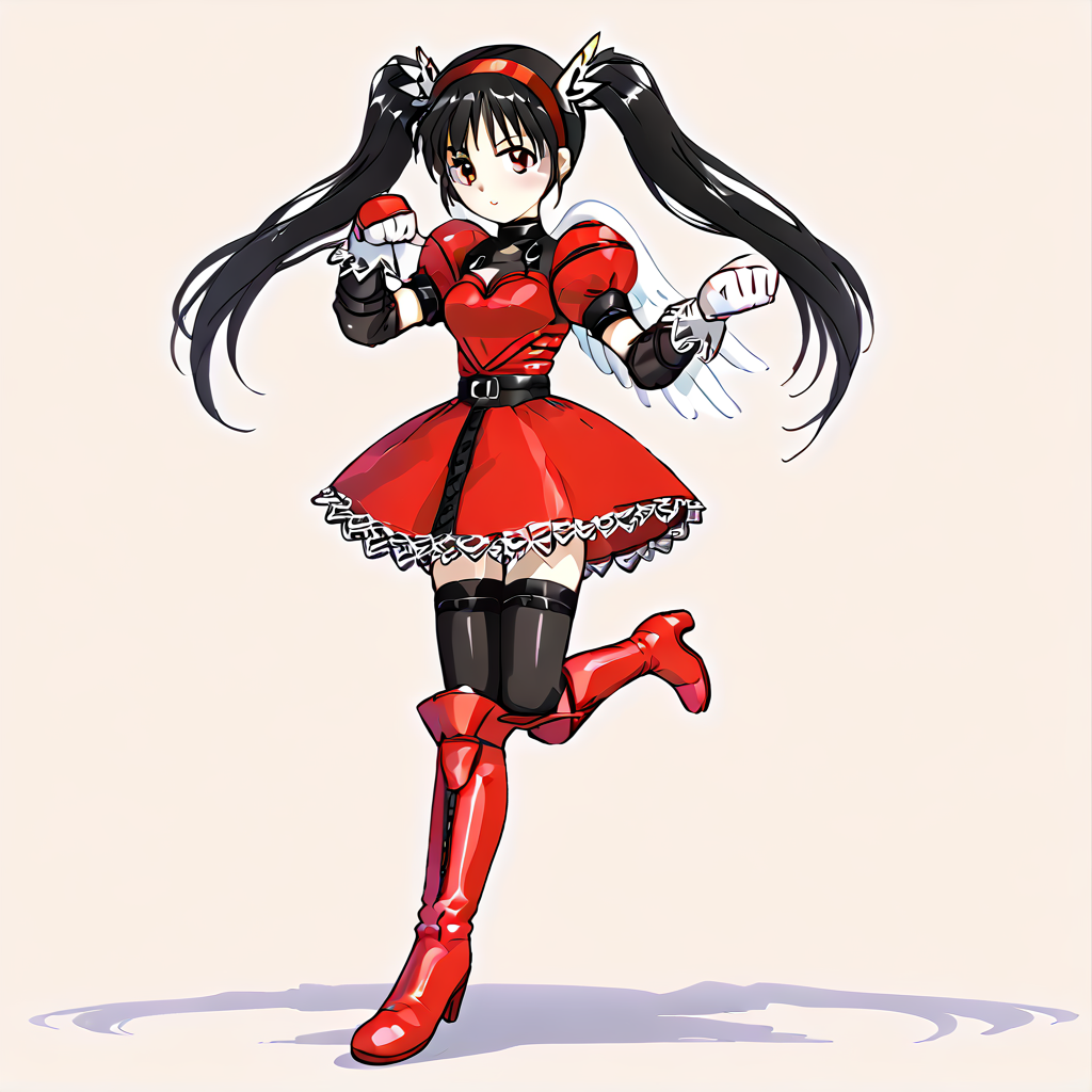 <lora:Honey:1> twintails, black hair, gloves, boots, thighhighs, hairband, red dress, wings
