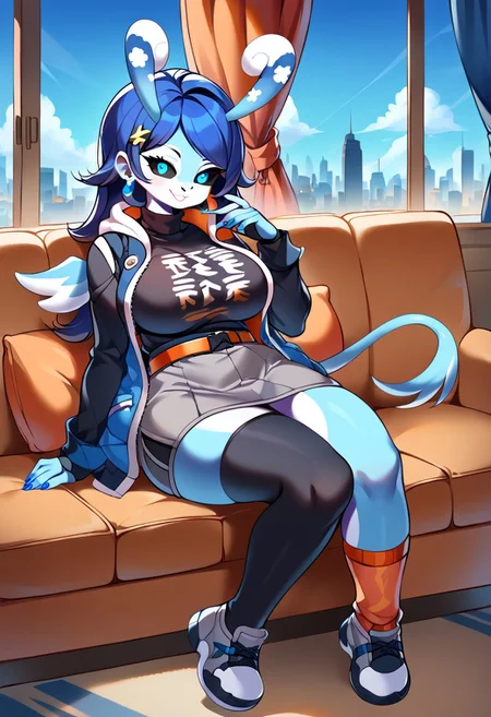 score_9, score_8_up, source_anime, source_furry, full body, 1futa, solo, mature female, curvy, (large breasts:1.5), (large bulge:1.2), (long hair:1.5), (bright blue eyes:1.5), (black sclera:1.5), glowing eyes, (blue nails:1.5), belle, blue hair, hair ornament, belt, black shirt, black thighhighs, clothes writing, earrings, fingerless gloves, gloves, grey shorts, jewelry, long sleeves, orange belt, orange flower, orange socks, shirt, single fingerless glove, single thighhigh, jacket, hoodie, turtleneck, melusine, curly ears, thin tail, wings, blue skin, swept bangs, straight hair, smile, sitting on couch, sexy pose, seductive look, room, window, curtains, cityscape, blue sky