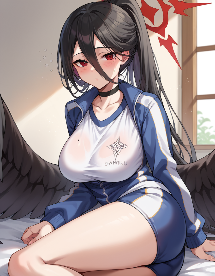 score_9, score_8_up, score_7_up, source_anime,
bluearchivehasumi, <lora:hasumi-hanekawa-ponyxl-lora-nochekaiser:1>,
hasumi, black hair, hair between eyes, long hair, mole, mole on breast, mole under eye, red eyes, wings, black wings, low wings, feathered wings,
blue jacket, blue shorts, choker, collarbone, gym uniform, high ponytail, jacket, long sleeves, official alternate costume, shirt, short shorts, shorts, white shirt,
indoors, bed, bed room, on side, blush, drunk,
looking at viewer, dutch angle, cowboy shot,
