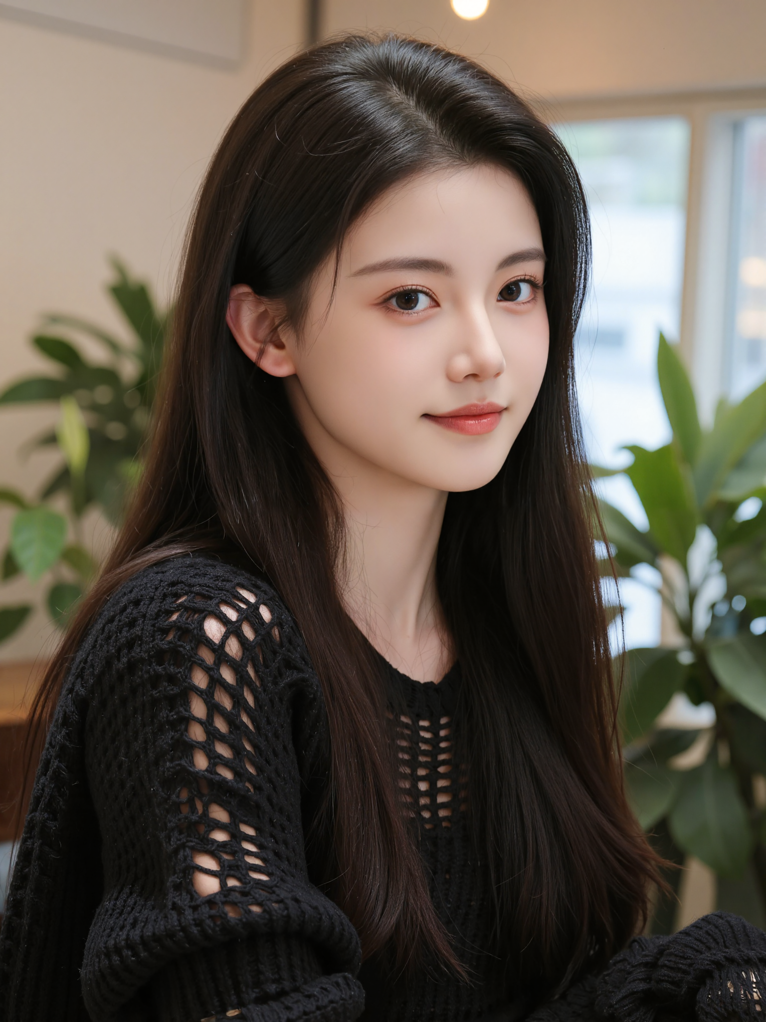This is a high-resolution photograph featuring a young Asian woman with long, straight black hair and fair skin. She is seated indoors, possibly in a cafe or restaurant, with a blurred background that includes green plants and soft, ambient lighting. The woman is wearing a black, knitted sweater with a loose, textured design, which contrasts with her smooth skin. Her expression is neutral, with a slight smile, and she is looking directly at the camera, creating an engaging focal point. The photo employs the rule of thirds, with the woman positioned slightly off-center to the right. The lighting is soft and diffused, enhancing the natural tones of her skin and the cozy atmosphere of the setting.