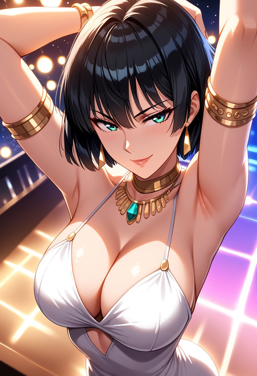 black hair, short hair, high definition
OUTFIT:
white dress,cleavage, highres, high quality, best quality, volumetric lighting, UHD, skin texture, skin detail, high quality skin, highly detailed, firm breasts.
BEHAVIOR:
seductive pose, dancing, gold armlet, mature female, arms up, bracelets,sexy smirk.
BACKGROUND:
night day,wall,disco lights,against the wall, close up, high angle.