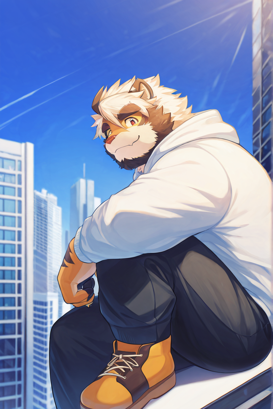 safe_pos, furry male, male focus, solo, thick eyebrows, furry, tiger, cute, zoom in, close up, looking at viewer, from side, sunny, sitting, anthro, kemono, on top of a skyscraper, sitting on the edge, direct sun light, windy, thick eyebrows, facial hair, one knee up sitting position, outdoor, casual clothing, white hoodie, futuristic, colorful BREAK very aesthetic, masterpiece, very impressive background, best quality, high quality, absurd res, high detail, smooth drawing,  <lora:Character_Trad_Mon-Mon_ILXL:1>