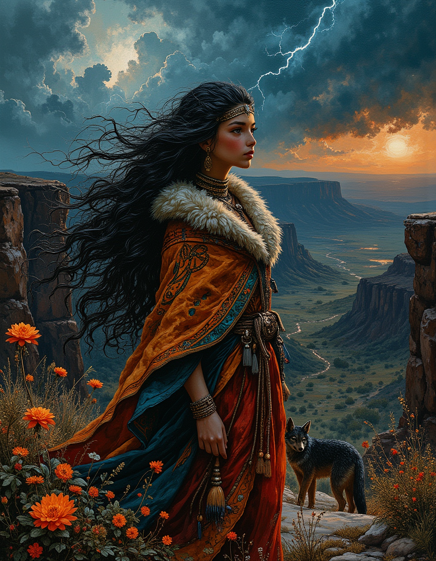 Masterpiece, high quality, Oil Painting, Hyper-realistic, hyper-detailed picture of a mythical scene steeped in the richness of Native American folklore. A powerful teenaged female Coyote deity, both mischievous and wise, stands at the edge of a vast canyon at twilight. Her figure is regal and enigmatic, with flowing hair that resembles shimmering silver streaks of moonlight. Her eyes gleam with playful intelligence, capturing the dual nature of a trickster and a creator.
She wears a cloak made from the pelt of a coyote, intricately adorned with ancient tribal patterns, symbols of the earth, stars, and the interconnectedness of life. Her jewelry is crafted from turquoise, obsidian, and bones, each piece a representation of her eternal ties to the land and its creatures. Around her, desert flowers bloom spontaneously, a symbol of her creative touch.
The background is alive with nature: a storm brews in the sky, lightning crackling and illuminating the rock formations as a reminder of her chaotic side. At her feet, a pack of coyotes emerges from the shadows, their fur blending into the dusky colors of the canyon, symbolizing her kinship and control over these animals. Despite her imposing presence, there's a hint of laughter in her expression, as if she's just finished playing a trick on someone.
The scene blends vibrant, warm tones of the desert sunset with deep, mysterious shades of the encroaching night, encapsulating her balance of light and dark, order and chaos.
The painting shows shadow and light, Masterpiece, intricate lines, intriguing atmosphere, sharp magnificent details, delicate features, elaborate details, (2\3 rule composition:0.5), ultra detailed, romantic, Rembrandt lighting, brush stroke, lovely, del1cate_balance style, in the style of Rembrandt. novuschroma, vantablack <lora:style_of_Rembrandt_FLUX_135:.8> <lora:- Flux1 - vanta_black_V2.0:.4> <lora:Delicate_Balance:.3> <lora:113_novuschromaFLX_1:.2> <lora:Midjourney_Whisper_Minimal:.3> <lora:neeeg_f1:-1>