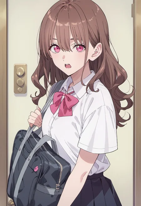 score_9, score_8_up, score_7_up, source_anime, tachibana mikari, long hair, brown hair, pink eyes, 1girl, bag, solo, school uniform, skirt, school bag, shirt, bow, white shirt, door, open mouth, looking at viewer
