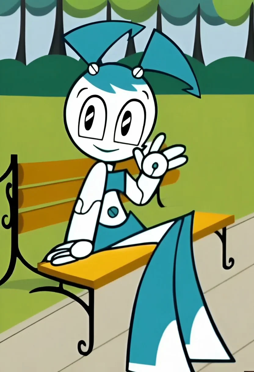 proper proportions, extremely detailed, on model, accurate art style, anime screencap, cartoon screencap, official screencap, style parody, BREAK, 1girl, Jenny_XJ9, jenny wakeman, robot, robot joints, black eyes, twintails, android, blue hair, joints, tank top, skirt, sitting on a park bench, looking at you, smiling, waving, park, trees, bushes, path, afternoon, detailed background