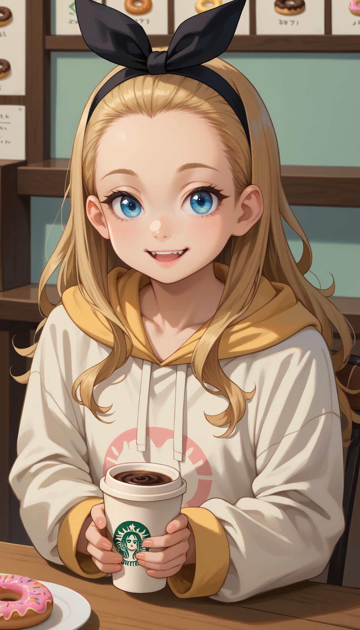 score_9, score_8_up, score_7_up, score_6_up, , solo, 20yo woman, (Beuty:1.1) , (cute:1.3), ,perfecteyes , seductive smile,perfect (photo realistic:1.2), (simple background:1.1), 
 <lora:Kurumi:1> kurumi \(lycoris recoil\), blonde hair, hair ribbon, long hair, black ribbon, black hairband, forehead, blue eyes, long sleeves, white hoodie, , upper tooth, smile, , sitting, table, chair, coffee shop, holding coffee cup, doughnut, food, smille, upper body