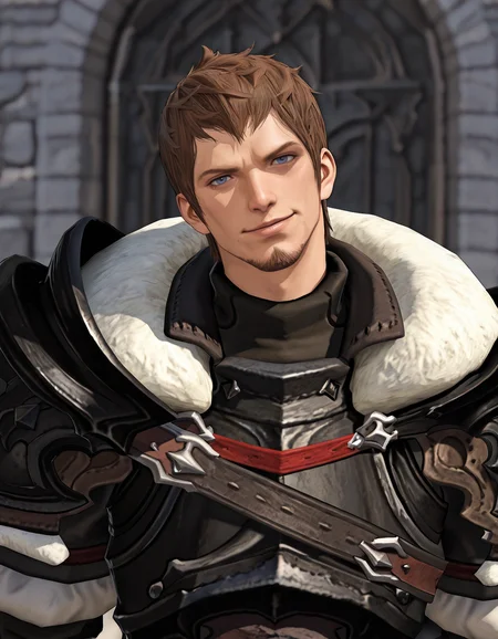 masterpiece, best quality, newest, perfect quality, best quality, detailed background, intricate details, male focus, solo, realistic, <lora:FFXIV - Ardbert Hylfyst - Illustrious 2_3-000004:0.7>, ardbert_ffxiv, 1boy, mature male, short hair, brown hair, blue eyes, goatee, fur-trimmed collar, fur-trimmed pauldrons, armor, head tilt, looking at viewer, smirk