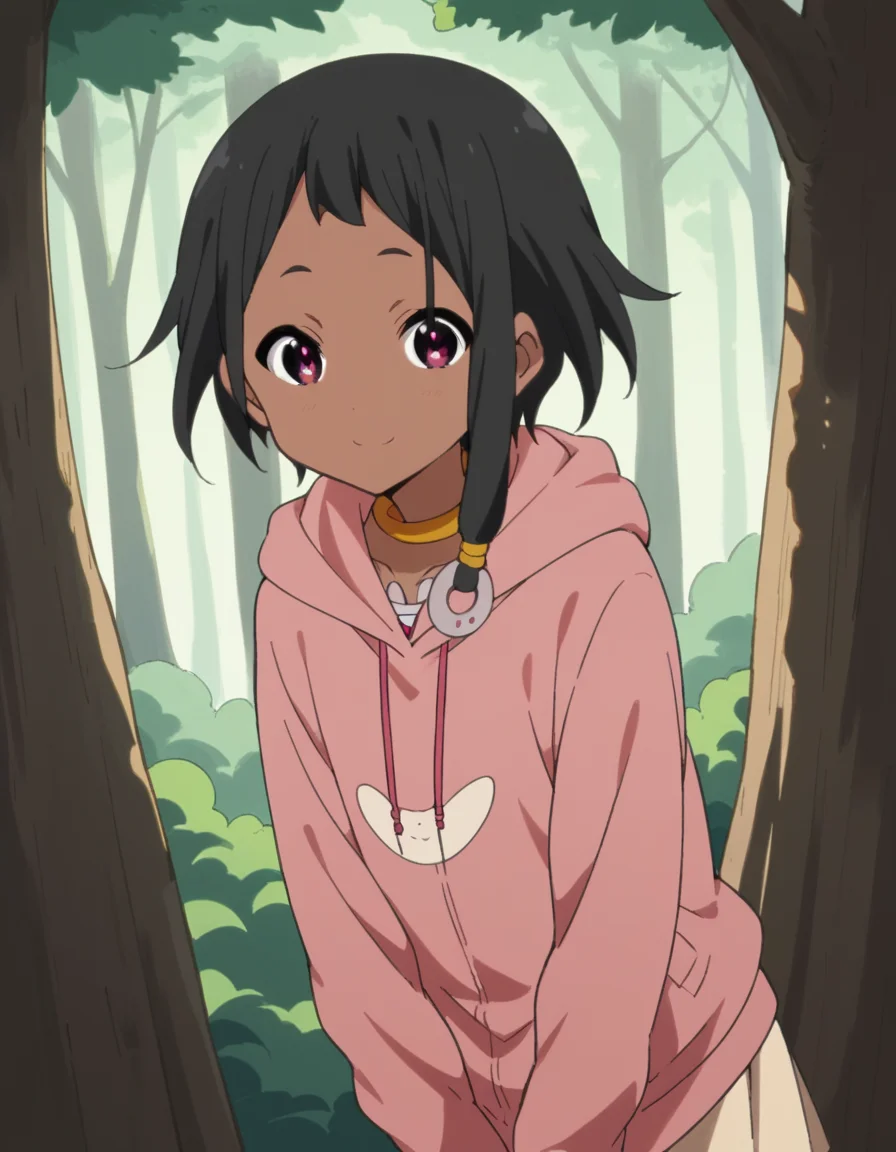 score_9, score_8_up, score_7_up, source_anime, <lora:choi-mochimazzi-s1-ponyxl-lora-nochekaiser:1>, choi mochimazzi, short hair, black hair, dark skin, dark-skinned female, pink eyes, sidelocks, jewelry, hoodie, pink hoodie, skirt,, treehouse, tree, wood, nature, height, smile, leaning forward,, looking at viewer, solo,, dutch angle, cowboy shot