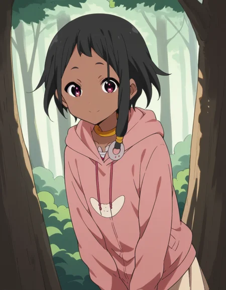 score_9, score_8_up, score_7_up, source_anime, <lora:choi-mochimazzi-s1-ponyxl-lora-nochekaiser:1>, choi mochimazzi, short hair, black hair, dark skin, dark-skinned female, pink eyes, sidelocks, jewelry, hoodie, pink hoodie, skirt,, treehouse, tree, wood, nature, height, smile, leaning forward,, looking at viewer, solo,, dutch angle, cowboy shot
