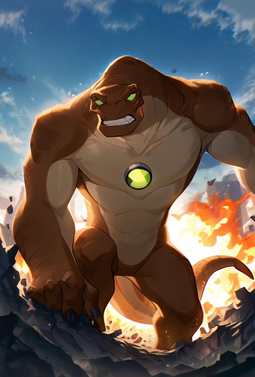 <lora:humungousaur-08:1> humungousaur, dinosaur, 1boy, male focus, solo, green eyes, no humans, brown skin, , green sclera, tail, no pupils, zoomed out view,   <lora:WSSKX_WAI:1>, behind buildings, hiding behind buildings, giant sky scrapers, pushing buildings aside, giant, fire, teeth, angry,, masterpiece, best quality, amazing quality, very aesthetic, absurdres, newest,