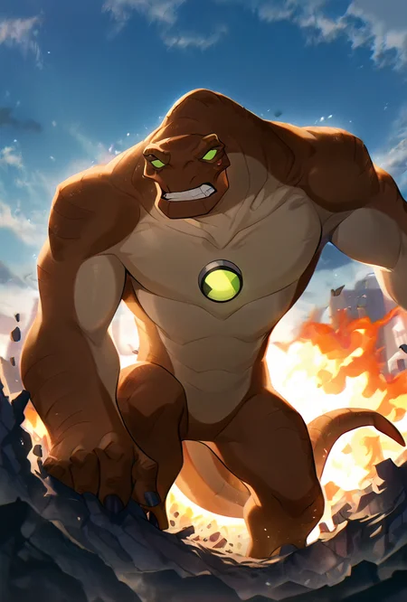 <lora:humungousaur-08:1> humungousaur, dinosaur, 1boy, male focus, solo, green eyes, no humans, brown skin, , green sclera, tail, no pupils, zoomed out view, <lora:WSSKX_WAI:1>, behind buildings, hiding behind buildings, giant sky scrapers, pushing buildings aside, giant, fire, teeth, angry,, masterpiece, best quality, amazing quality, very aesthetic, absurdres, newest,