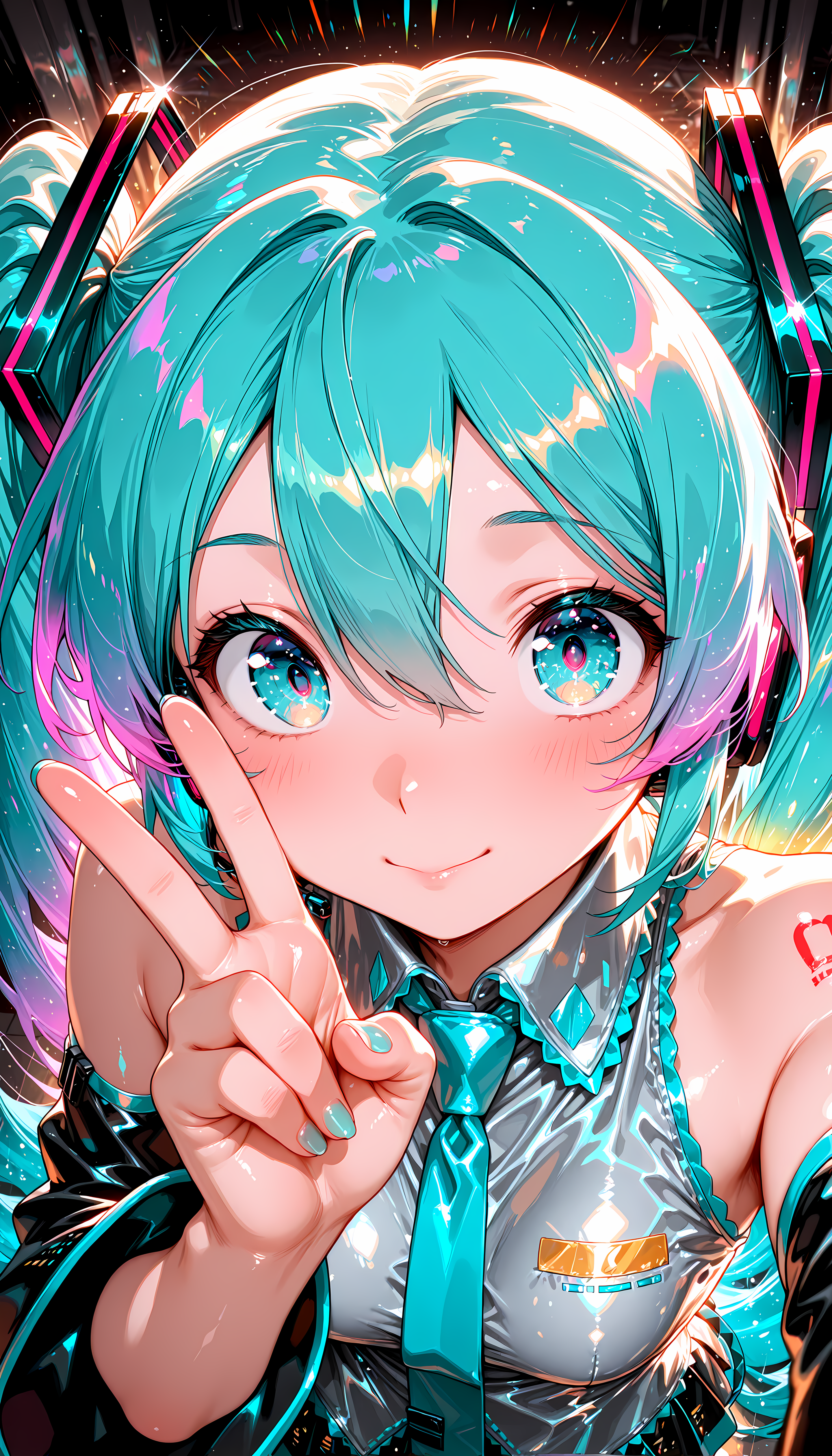 hatsune_miku, dynamic pose, from above, victory gesture, close-up, selfie, glowing outline, vibrant, colorful, shiny,  shine, reflection, gradient eyes, shiny hair,