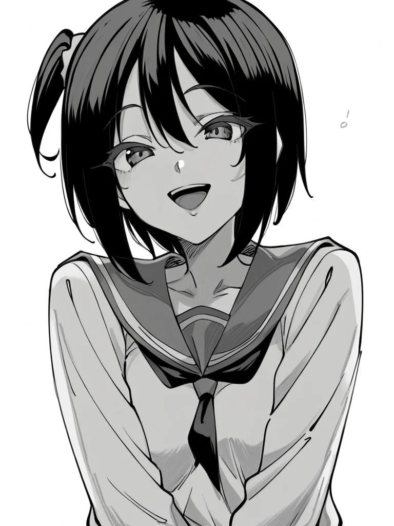 score_9, score_8_up, score_7_up,
1girl, monochrome, hatsumi kb, black hair, medium hair, one side up, medium breasts,
serafuku, long sleeves, smile, open mouth, looking at viewer, white background, upper body, v arms,