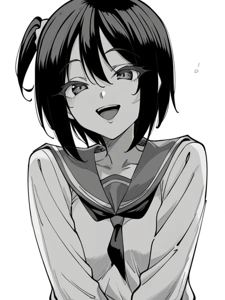 score_9, score_8_up, score_7_up,
1girl, monochrome, hatsumi kb, black hair, medium hair, one side up, medium breasts,
serafuku, long sleeves, smile, open mouth, looking at viewer, white background, upper body, v arms,
