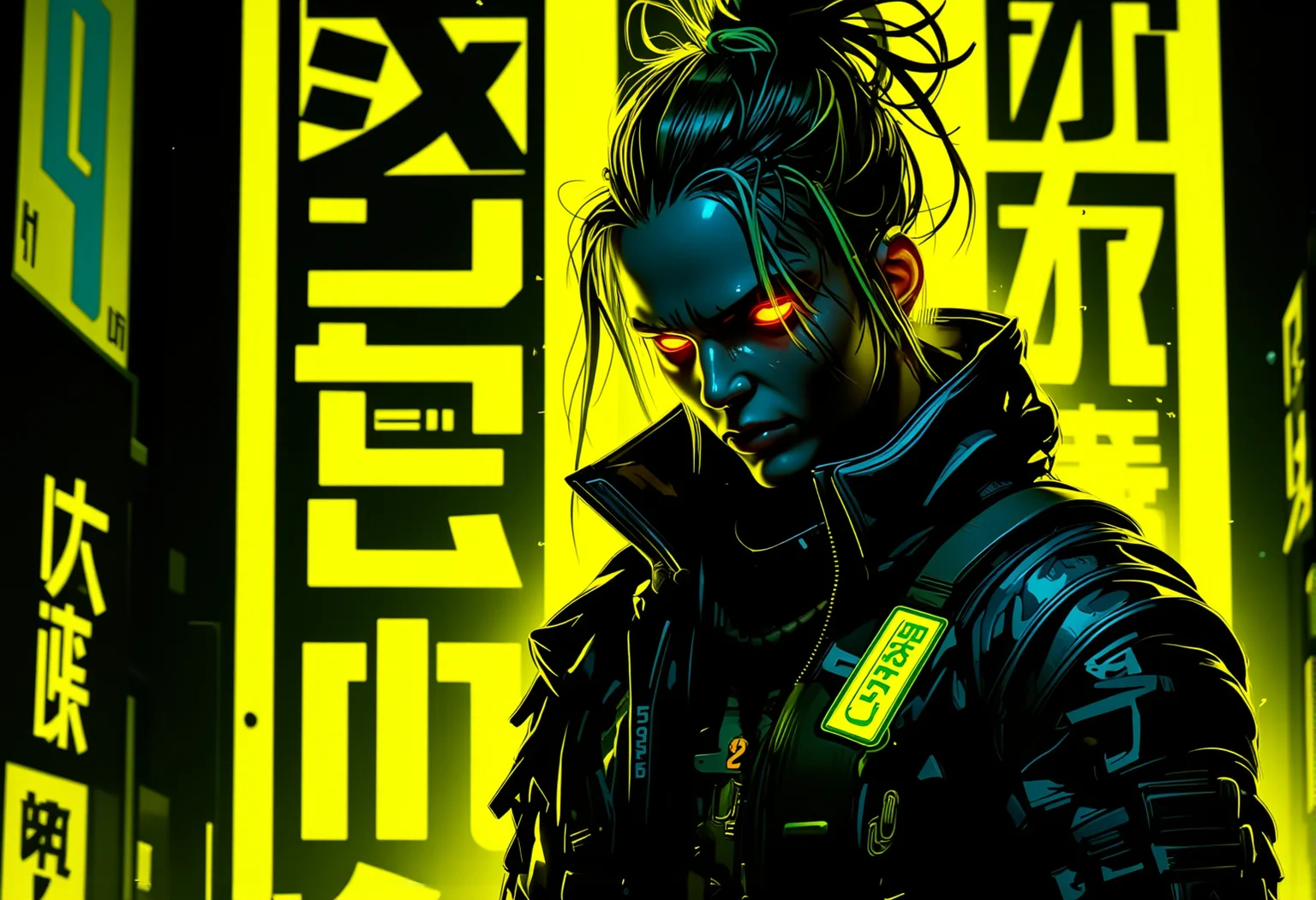 In the style of cyberpunk surrealism with strong outlines and exaggerated lighting, a cyberpunk warrior is ready for battle in front of a bold neon yellow background, with vivid neon accents and a minimalistic, color-blocked backdrop. The character wears sleek cyber armor with neon highlights, and the scene is accentuated with neon-lit text displayed prominently in the background. The lighting casts dramatic shadows on the characterâs face and armor, creating a intense and mysterious atmosphere. Occasionally, the design features a **poster-style layout** with a single-colored background in neon yellow, and bold **cyberpunk text** reading "Geld" in block letters, creating a striking visual contrast. The overall composition is dynamic, with high contrast between light and dark, emphasizing the character's expression and the bold visual style. The background may also include glowing holographic billboards that blend into the minimalistic design. , <lora:bv-neoartsty.safetensors:1.0:1.0>