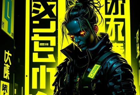 In the style of cyberpunk surrealism with strong outlines and exaggerated lighting, a cyberpunk warrior is ready for battle in front of a bold neon yellow background, with vivid neon accents and a minimalistic, color-blocked backdrop. The character wears sleek cyber armor with neon highlights, and the scene is accentuated with neon-lit text displayed prominently in the background. The lighting casts dramatic shadows on the characterâs face and armor, creating a intense and mysterious atmosphere. Occasionally, the design features a **poster-style layout** with a single-colored background in neon yellow, and bold **cyberpunk text** reading "Geld" in block letters, creating a striking visual contrast. The overall composition is dynamic, with high contrast between light and dark, emphasizing the character's expression and the bold visual style. The background may also include glowing holographic billboards that blend into the minimalistic design. , <lora:bv-neoartsty.safetensors:1.0:1.0>