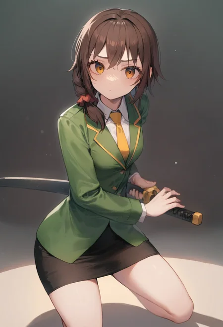 1girl, senkawa chihiro, cosChihhi, red scrunchie, brown hair, side braid, orange eyes, green jacket, black miniskirt, yellow necktie, red scrunchie, black pantyhose, office,
iaidow, holding a katana, ready to draw, sheathed, unsheathing, scabbard,
masterpiece, best quality, very aesthetic, absurdres,
<lora:lora_cosChihhi_xl_v1_amg:0.8> <lora:iaidou_XL_v1:1.1><lora:lora_YamiStyle_xl_v1_amg:0.8>