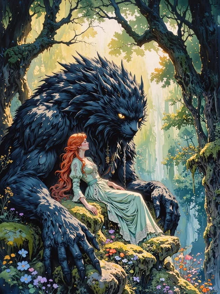 famous artwork, masterful watercolor and ink painting inspired by the styles of kay nielsen and studio ghibli, dreamlike and ethereal, in the heart of an ancient forest, where ancient, moss-covered trees stand like silent sentinels and wafts of morning mist drift through the scene, a young woman with long, flowing, fiery red hair sleeps peacefully on the back of a gigantic towering whimsical magical creature with clean thick and fluffy, velvety black fur, her long dress cascading in soft folds around her. the long, frilled victorian dress is seafoam green colored with beautiful ornate embroidery, the dress comes with intricate frilled lace cuffs, puffed-up shoulders, and a high collar, its rich fabric catching the dappled light, creating subtle highlights and shadows that enhance its opulent texture, her eyes are closed, and her expression is serene. the enormous, fluffy black creature watches the surroundings with glowing, otherworldly eyes, its fur meticulously rendered with thousands of fine, silken strands, shimmering with an almost magical softness, its presence both comforting and mysterious, like a guardian spirit of the enchanted wood. the surrounding forest is lush and overgrown, bathed in dappled light filtering through the treetops, a rich interplay of golden sunbeams and deep shadows casting mesmerizing patterns on the mossy ground, tiny glowing fairies are fluttering through the air, leaving trails of shimmering magic dust behind them, the background fades into a haze of deep greens and mystical blues, the forest stretching endlessly beyond sight. the foreground shows some colorful wildflowers in shades of purple, blue, and orange, adding a touch of vibrant contrast to the scene. the composition is intimate yet expansive, with a slightly elevated and off-center perspective offering a full view of both the woman and the massive, but peaceful monster, drawing the viewer into a scene that feels at once safe and profoundly magical. the color palette is dominated by deep, mystical greens and velvety blacks, providing a dramatic contrast to the woman's vivid red hair, the interplay of dark and light evoking a sense of wonder and surreal beauty, capturing the essence of a timeless fairytale. delicately hand-painted textures, exquisite detailing in the lace, fur, and forest elements, infused with a sense of nostalgia and myth, soft and flowing brushstrokes lend a dreamlike, painterly quality, evoking the enchanted worlds of folklore and forgotten legends. delicately painted on handcrafted washi paper with alcohol ink and watercolor, masterful use of shadow and light creating depth and movement, bringing this mythical moment to life with haunting beauty, ovg, studio ghibli dark fairytale, style of rembrandt, <lora:image_upgrade-flux-by_zeronwo7829:0.72> <lora:style-dark_ghibli-flux-by_arsmachina:0.76> <lora:style-rembrandt-flux-by_tangbohu:0.8>