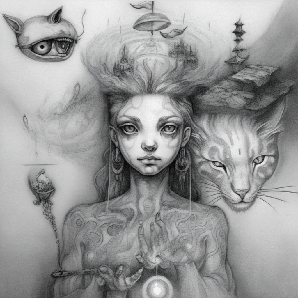 absurda error sketch pirate girl and cat enigmatic dreamscape surrealistic <lora:absurda:1>
