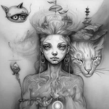 absurda error sketch pirate girl and cat enigmatic dreamscape surrealistic <lora:absurda:1>