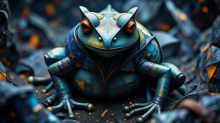 white-toned Art Nouveau photo of an abyssal goth frog wearing clothes in a dark decrepit hell, intricate black and indigo and silver filigree, eldritch, snowy, billowing dark dust, very detailed <lora:midjourney_whisper_chromaplex_v1:1.1>
