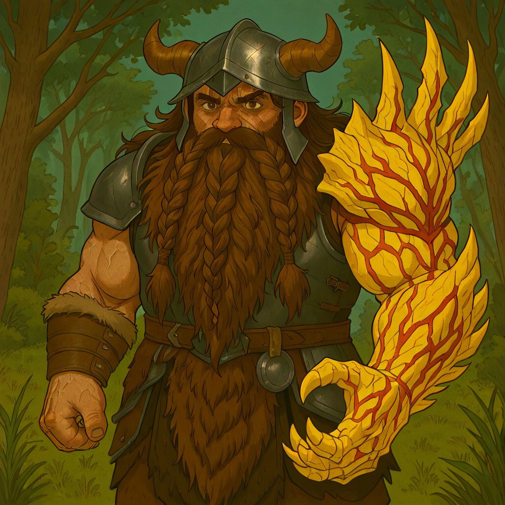 masterpiece, best quality, newest, absurdres, highres, DARV1.0, prosthetic arm, prosthesis, veins, claws, 1boy, dwarf, beard, armor, brown hair, brown eyes, beard, long beard, braid, braided beard, armor, scar, scar on face, helmet, fake horns, horned helmet,