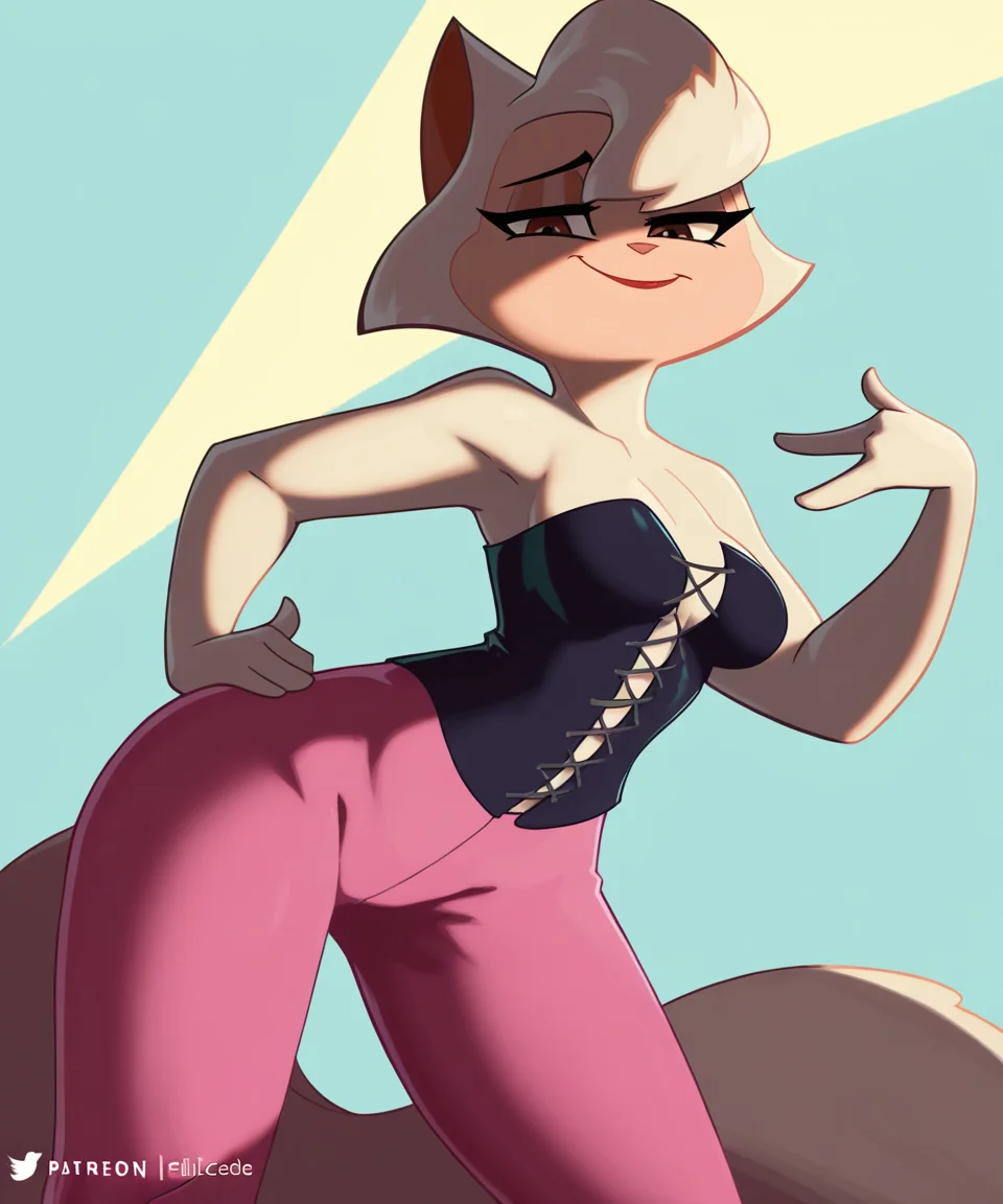 solo, sawyer, female, brown eyes, corset, pink pants, looking at viewer, smirk, pinup pose, two tone sky, by gammainks,by feliscede, <lora:SawyerXL_01-Noob-nd64-lr2-ep24:1>
