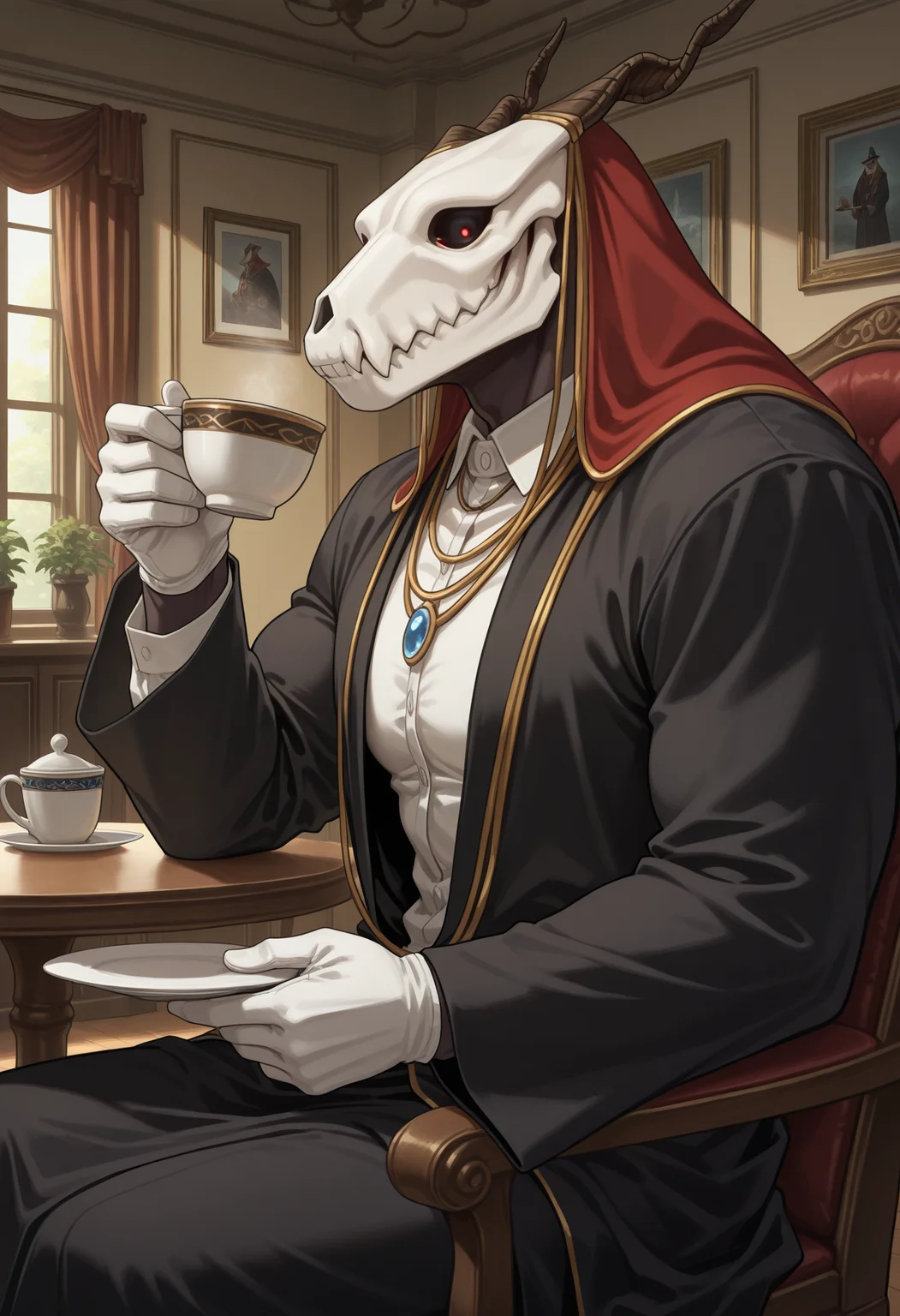 indoors, living room, from side, table, sitting on chair, holding cup of tea, holding plate, looking at viewer, solo, elias ainsworth, black robe, magician robe, white shirt, white gloves, blue necklace, muscular, male focus, detailed background, perfect anatomy, masterpiece, high quality, best quality, highres, aesthetic <lora:EliasAinsworth_TheAncientMagusBride_V1_ILXL:1> <lora:NOOB_vp1_detailer_by_volnovik_v1:1> <lora:lora:0.5>