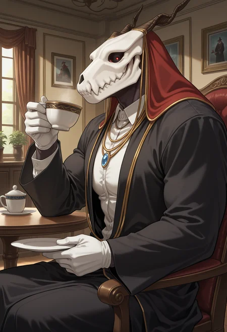 indoors, living room, from side, table, sitting on chair, holding cup of tea, holding plate, looking at viewer, solo, elias ainsworth, black robe, magician robe, white shirt, white gloves, blue necklace, muscular, male focus, detailed background, perfect anatomy, masterpiece, high quality, best quality, highres, aesthetic <lora:EliasAinsworth_TheAncientMagusBride_V1_ILXL:1> <lora:NOOB_vp1_detailer_by_volnovik_v1:1> <lora:lora:0.5>