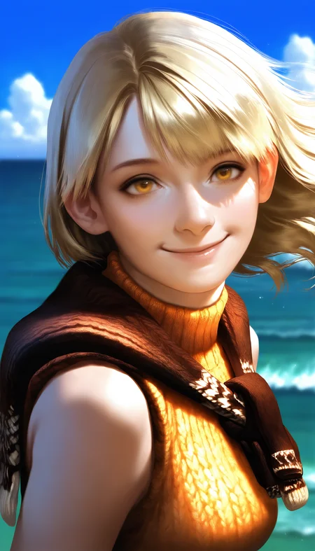 masterpiece,best quality,amazing quality,
<lora:ashleygrahamNAI:1>,ashleygraham,realistic,
1girl,solo,blonde hair,bob cut,bangs,golden eyes,orange turtleneck,brown sweater draped over shoulder,portrait,looking at viewer,smile,flowing hair,outdoors,day,sky,cloud,sea,depth of field,