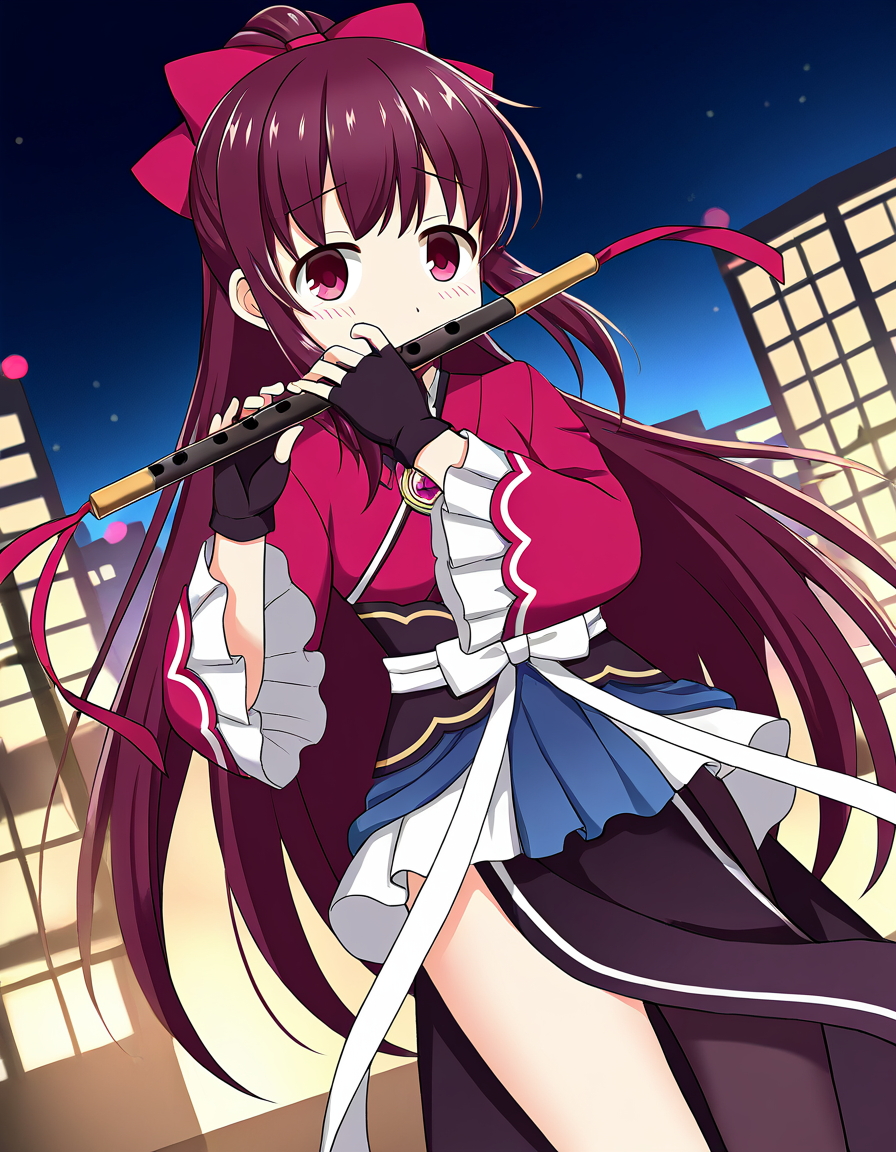 masterpiece, best quality, newest, absurdres, highres, safe, 1girl, amane tsukuyo, magia record: mahou shoujo madoka magica gaiden, loincloth, single pantyhose, playing transverse flute, solo, city, night, dutch angle, <lora:amane_tsukuyo_noobaiXLNAIXL_vPred10Version:0.7>