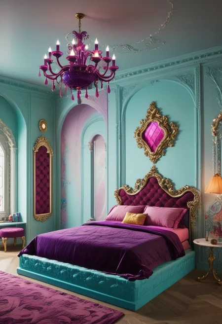 Light mood masterpiece photography, realistic, realistic photograph, inside bedroom, gaudy, Lisa Frank inspired, Lisa Frank colors, fancy headboard, neon orange wooden bedframe, maximalism, green and blue and pink, purple, in bedroom, soft rug, neon rug, bedroom like bedroom from Howl's Moving Castle, vanity, beanbags, framed pictures of castles on wall, stained glass windows, chandelier, crystal chandelier, bunk bed, castle bunk bed, castle bunk bed with stairs going up to top bunk