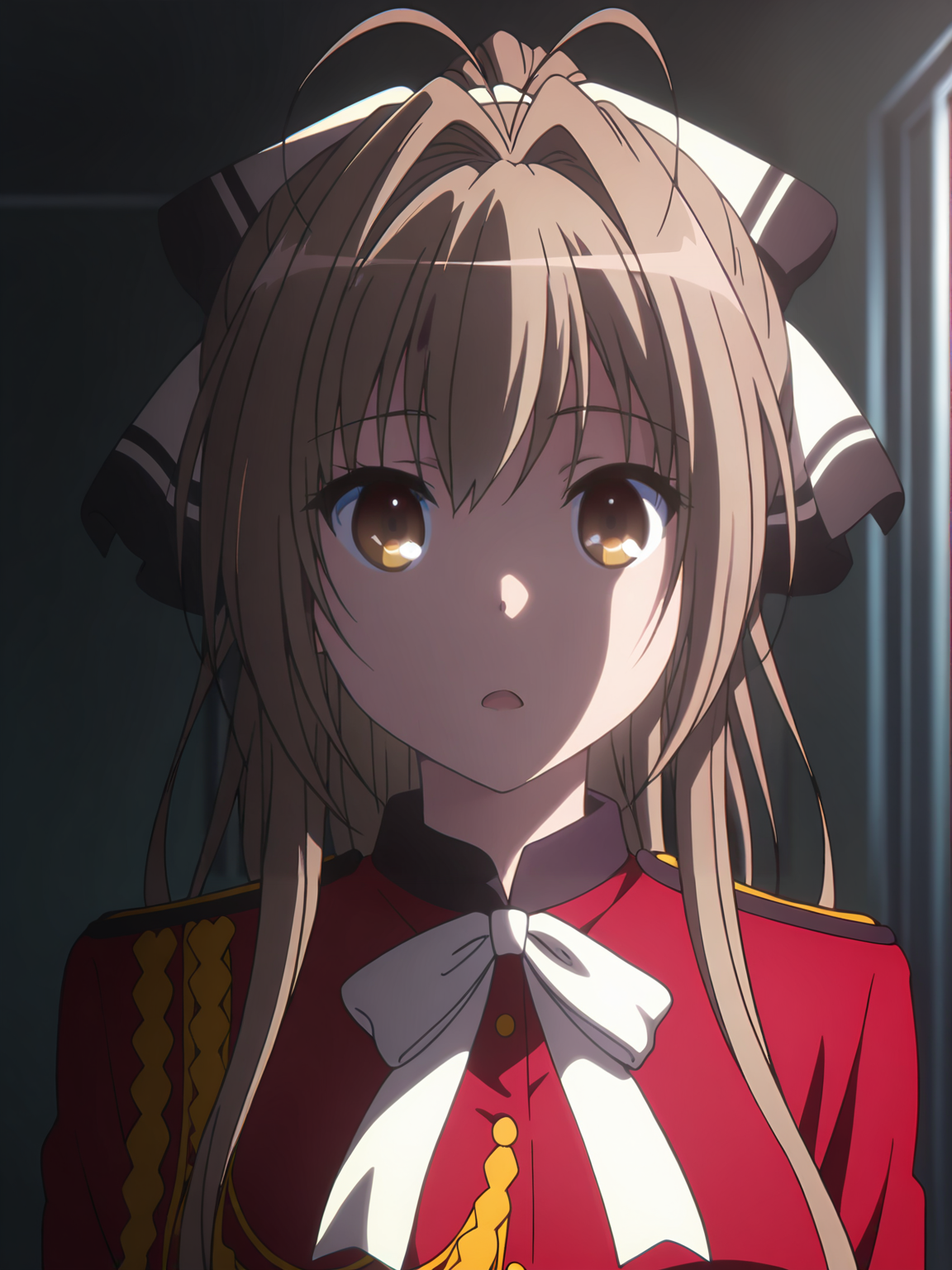 <lora:Isuzu_Sento:0.8>, sento isuzu, 1girl, solo, brown eyes, long brown hair, antenna hair, ponytail, hair ribbon, military uniform, red jacket, white bowtie, epaulettes, aiguillette, confused, :o, open mouth, standing, arms at sides, upper body, looking at viewer, indoors, dark, sidelighting