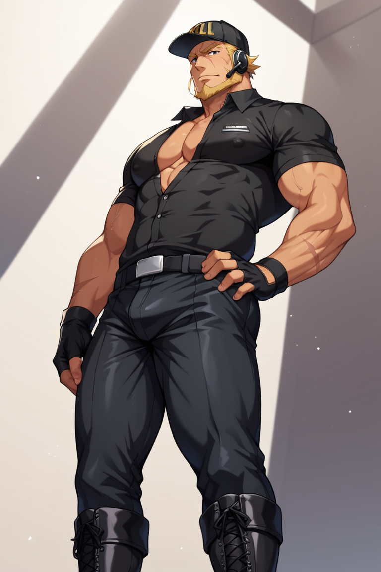 score_9, score_8_up, score_7_up, score_6_up, perfect anatomy, perfect proportions, best quality, masterpiece, high_resolution, high quality, solo male, Killer T Cell \(Cells at Work\), tan skin, blond hair, black eyes, facial hair, beard, scar on face, black Killer T Cell uniform \(Cells at Work\), black collared shirt, pecs, partically open shirt, black pants, black cap, Killer T Cell cap \(Cells at Work\), earpiece, fingerless gloves, black boots, adult, mature, masculine, manly, handsome, charming, alluring, standing, upper body, dutch angle, cowboy shot, ((from below))<lora:EMS-413052-EMS:0.800000>