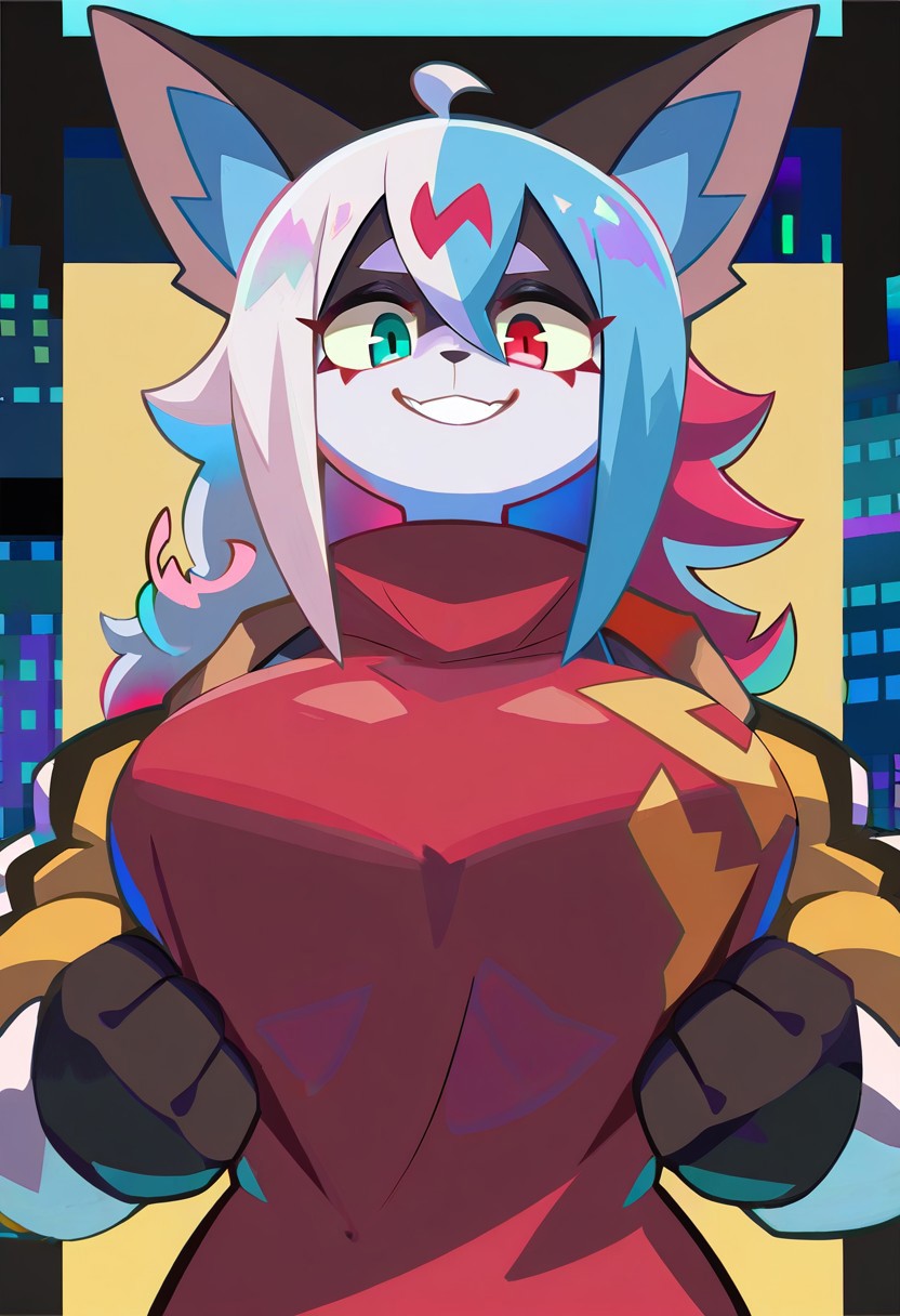 masterpiece,best quality,amazing quality, newest, absurdres, highres, Kiding_Ryuu, KDSTL, 1girl, breast focus, large breast, naughty smile, looking at viewer, aqua eyes, red eyes, white hair, multiple colored hair, inner colored hair, heterocromia
