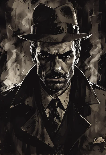 close up, drawing of a moody detective in a smokey detective office, dark room, film noir style, <lora:add-detail-xl:-1>,  <lora:Dark_Novel:0.7>