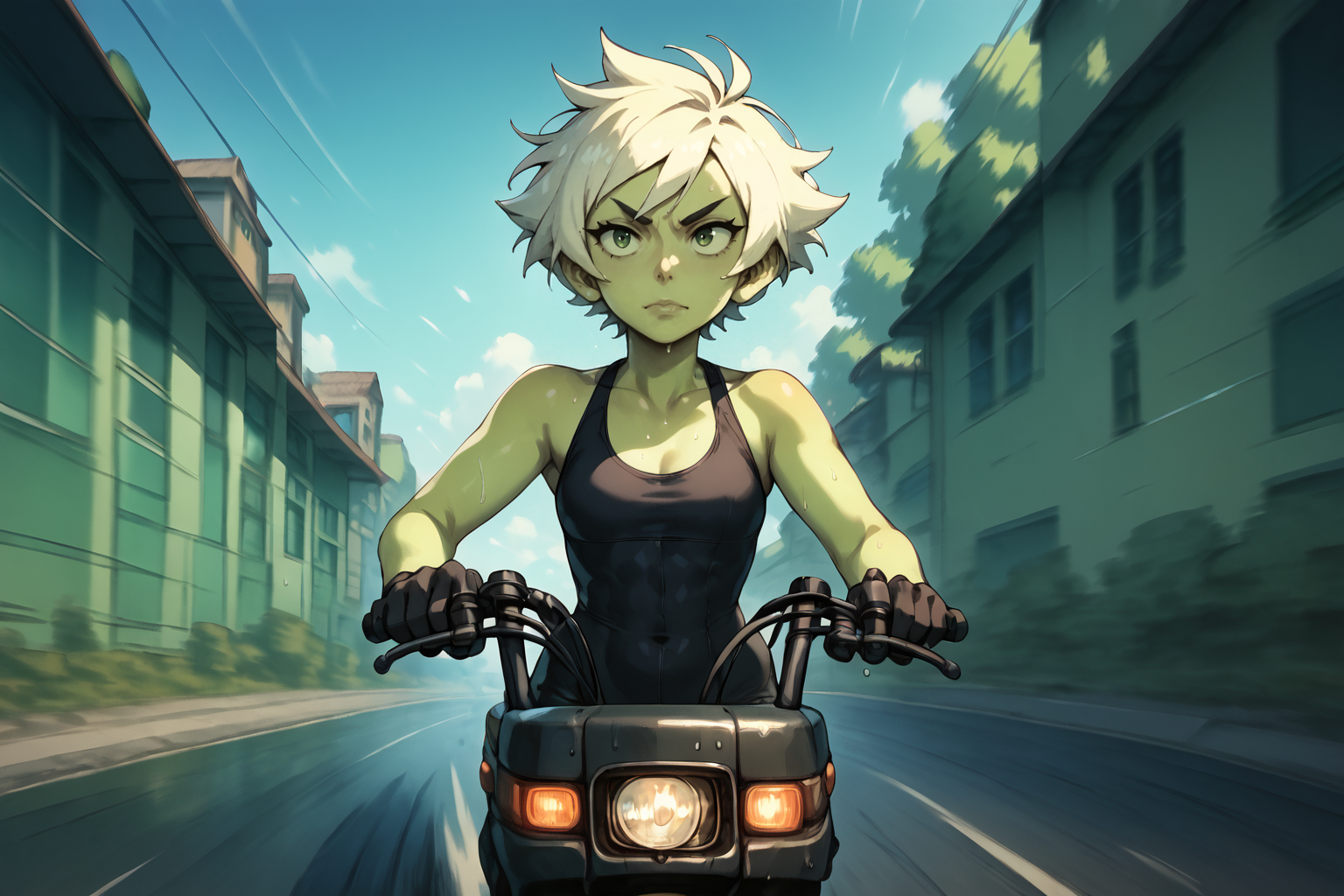 motocompo, riding motocompo
 peridot,
small woman large chest, short tomboy hair, wearing tight yoga, pants, standing <lora:Motocompo:1>
driving to the right <lora:RD-MAnon-XLV1.1:1>, , source_anime, score_9_up, score_7_up, score_8_up