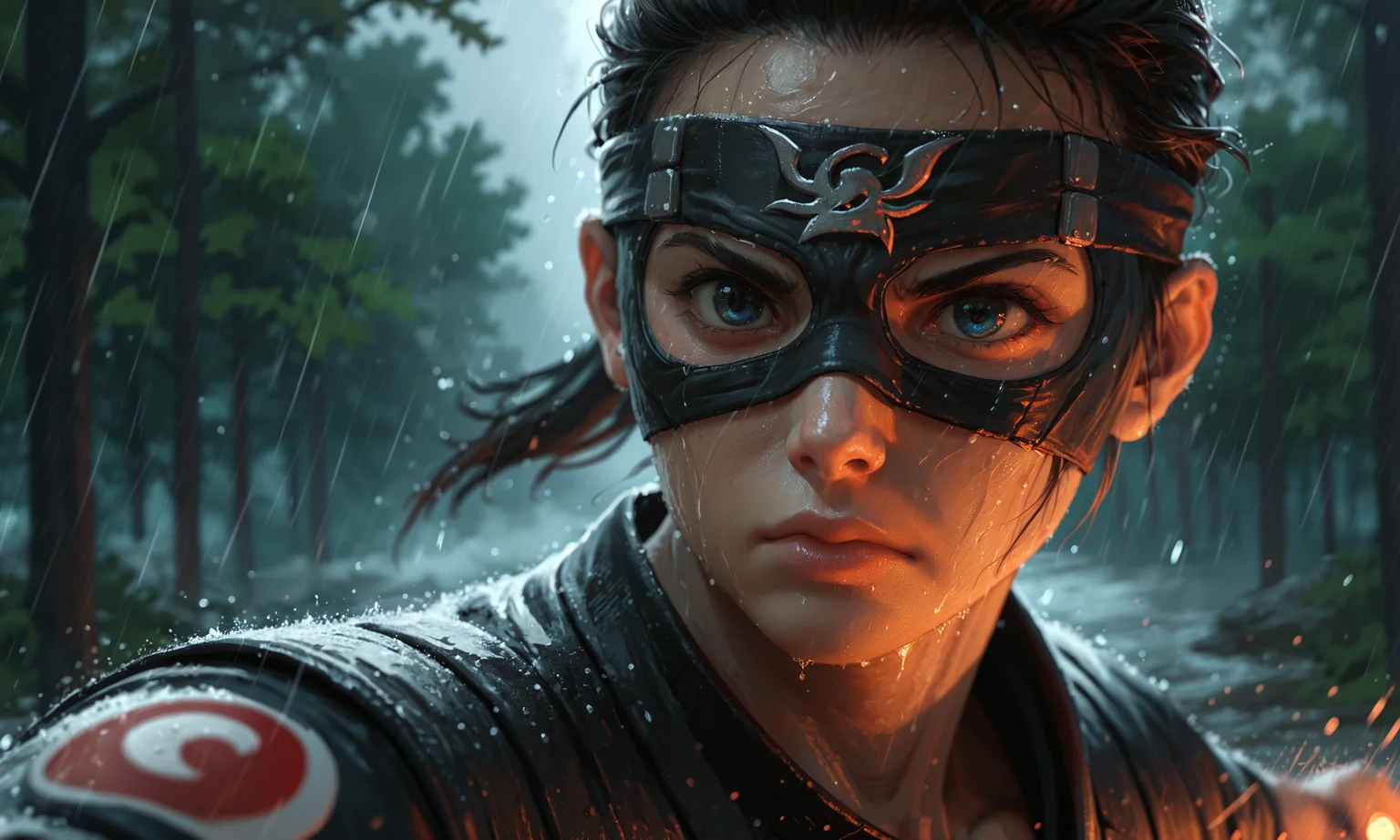solo,ninja,assassin,portrait,close-up,mask,action pose,parry,rain,forest,fog,motion blur,blurry,score_9,score_8_up,score_7_up,soft light,highly detailed,detailed skin,depth of field,<lora:xl_more_art-full_v1:0.3>,<lora:add-detail-xl:0.3>,<lora:CinematicStyle_v1:0.4>,dramatic lighting,motion blur,reddit,