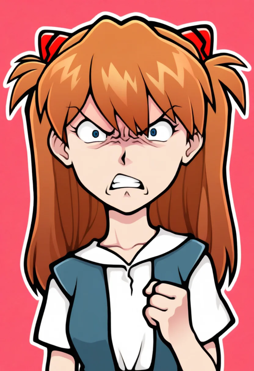 sticker, colorful, outline,
masterpiece, best quality, very aesthetic, absurdres,
1girl, souryuu asuka langley, neon genesis evangelion,
upper body, angry, simple background <lora:StickerNoobLocon_byKonan:1>