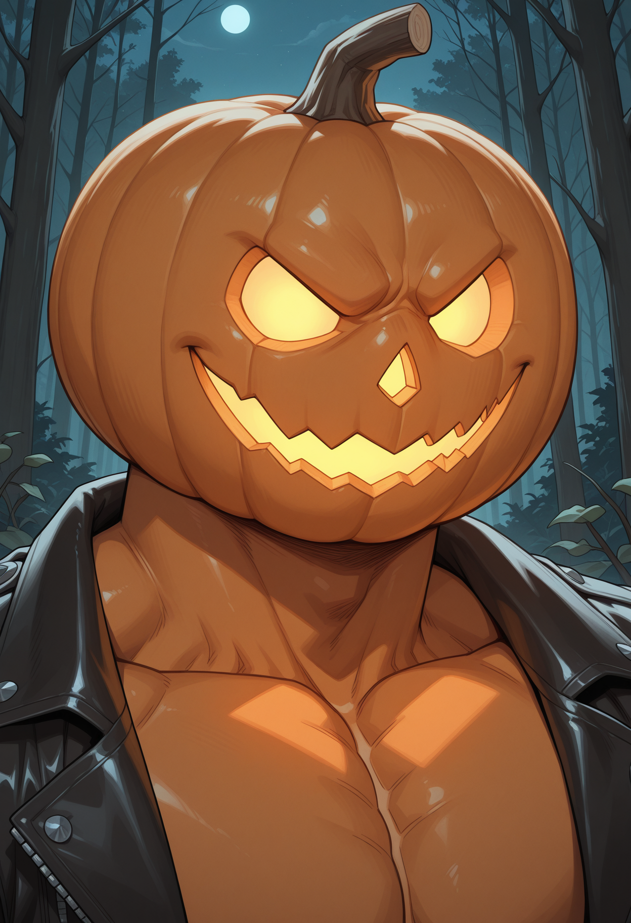 solo, 1 boy, male focus, portrait, jackolantern, muscular, leather jacket, beefy, outdoors, forest, night,
perfect anatomy, masterpiece, perfect quality, best quality, detailed, newest, very aesthetic <lora:Jack-O-Lantern_V1_ILXL:0.85>
