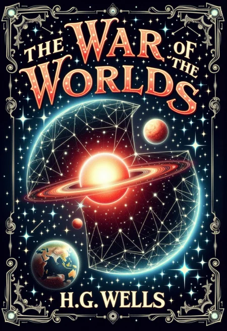 a book cover with two planets, earth and mars about to collide, the title at the top "The War of the Worlds" with scifi text and at the bottom "by H.G. Wells". There are many stars connected by blue lines like constellations giving an ethereal energy while, enticing the reader while not distracting from the text or the awesome planetary collision