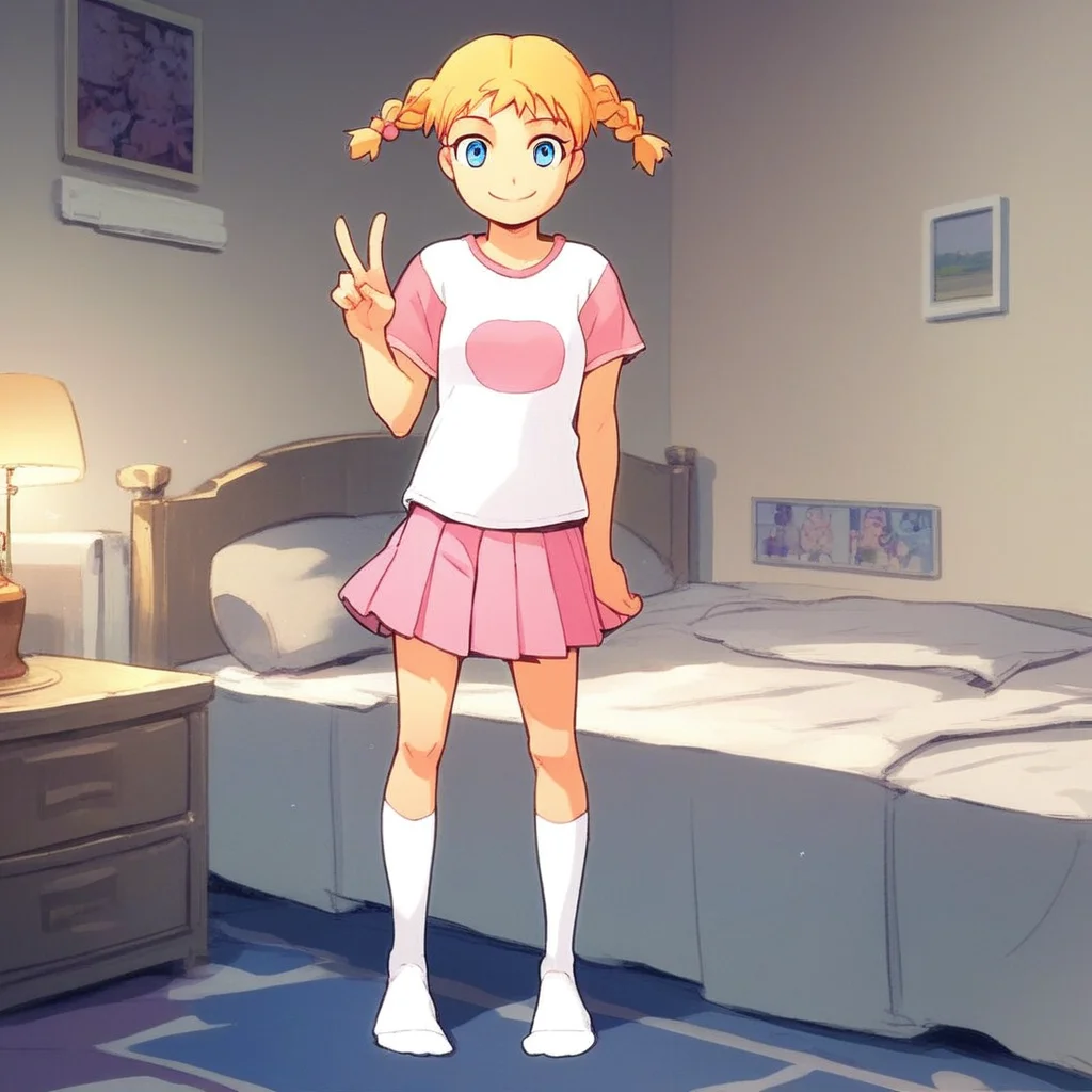 core_8, score_8_up, score_7_up, source_anime, anime screenshot, 1girl, female focus, solo, Katie_PP, blonde hair, twintails,short twintails,twin braids, blue eyes, t-shirt, white shirt, pleated skirt, pink skirt, white socks, kneesocks, no shoes, v, looking at viewer, smile, standing, bed, bedroom, nightstand, lamp, wall