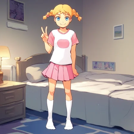 core_8, score_8_up, score_7_up, source_anime, anime screenshot, 1girl, female focus, solo, Katie_PP, blonde hair, twintails,short twintails,twin braids, blue eyes, t-shirt, white shirt, pleated skirt, pink skirt, white socks, kneesocks, no shoes, v, looking at viewer, smile, standing, bed, bedroom, nightstand, lamp, wall