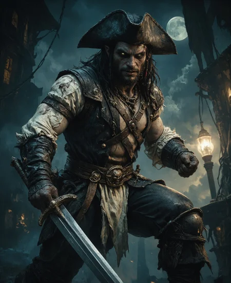 Create a chilling and hyper-realistic portrayal of a cursed pirate captain with rotting corpse skin aboard a weathered and sinister ghost ship. The captain’s decayed, zombified visage is the focal point of the scene, with his ghastly skeletal features, rotting flesh, and sunken, glowing green eyes radiating an aura of malevolent power. His flesh is torn and decayed, exposing sinew and bone, yet his expression conveys an eerie intelligence and ruthless cunning. His rotting teeth are bared in a wicked snarl, remnants of a once-commanding grin now twisted into a horrifying sneer. The pirate wears a battered tricorn hat adorned with faded gold trim, sitting atop long, matted, and dreadlocked hair tangled with beads, bones, and seaweed. His outfit consists of a tattered and salt-stained coat, frayed cuffs, and a weathered white cravat, evoking the grandeur of a long-dead era. The coat is adorned with buttons tarnished by years of exposure to the sea, and small details like skeletal charms and ominous tokens hang from his lapels, hinting at his sinister past. rotten corpse skin The setting is the deck of a decrepit pirate ship, shrouded in an eerie, ghostly fog that snakes through the rigging and pools around the rotting wood. The ship’s masts loom overhead, their sails in tatters, barely holding together under the weight of time. The ropes are frayed, and the ship creaks ominously, as if groaning under the weight of its undead crew. In the background, shadowy figures—his crew of spectral pirates—move faintly, their indistinct forms blending into the fog, adding to the otherworldly atmosphere. The lighting of the scene is dim and dramatic, dominated by the sickly green glow of the captain’s eyes and faint moonlight piercing the fog. Shadows are deep and stark, emphasizing the textures of his decayed skin and the weathered wood of the ship. The horizon is obscured by the dense fog, but faint hints of a storm brewing in the distance add tension to the composition. The sea surrounding the ship is dark and churning, with ghostly reflections dancing on its surface, hinting at the cursed nature of the vessel. Subtle details bring the scene to life: barnacles clinging to the wood of the ship, seaweed draped over railings, and the faint sound of creaking timbers and howling wind. The air is thick with an oppressive sense of doom, as if the ship itself carries the weight of countless sins and tragedies. The pirate captain’s pose is dynamic and commanding, one hand gripping the railing of the ship with bony fingers, while the other holds a rusted cutlass that glimmers faintly in the dim light. His stance and intense gaze suggest he is addressing someone—perhaps an unlucky soul who dared to cross his path or a rival about to meet their doom. The overall mood of the scene is dark, foreboding, and steeped in maritime horror, blending the supernatural with the gritty realism of life (and undeath) at sea. he has rotting corpse skin