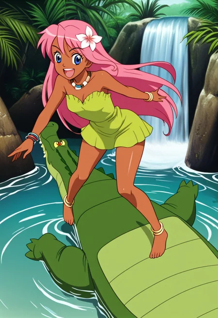 Tick tock crocodile,male animal focus,tail, crocodile ,large mouth open ,green skin, blue eyes, Tick Tock the crocodile is giant and very huge size,teeth, swimming in water,partially submerged,Tick Tock the crocodile looking at a young girl who she is standing on a cliff high above tick tock the crocodile. Little_Girl_anime_manga,long hair,pink hair, dark-skinned female,the girl her very smal size, purple eyes, ancient tropical_clothe, chest_band,red very long_dress, jewelry, dark skin, smile, necklace,hair flower, bracelet, anklet, barefoot,open mouth,river,palm trees, jungle,view from above, Disney, waterfall,anime, manga